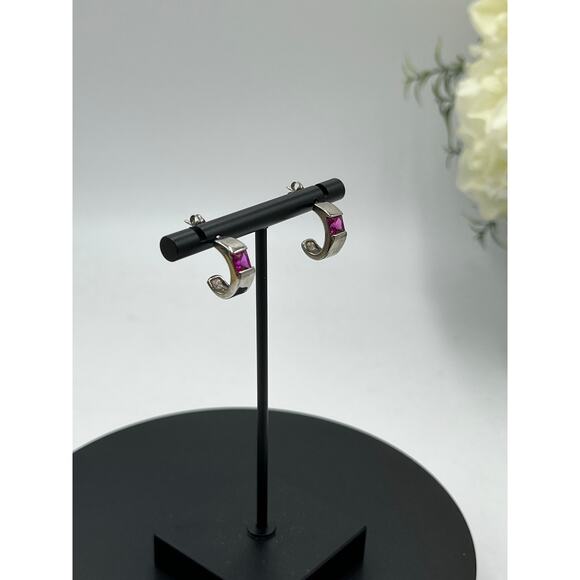 Château d'Argent (C^A) Sterling Silver Huggie Half Hoop Earrings ? Lab Ruby - Picture 3 of 9